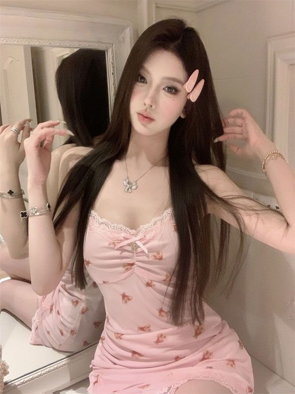 粉色印花蕾絲拼接吊帶連衣裙女夏季純欲性感裙子收腰開叉包臀短裙