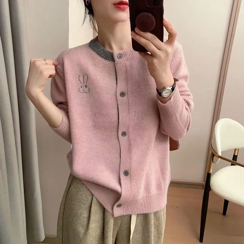 2023秋季新款歐貨拼色刺繡針織開衫女設計感小眾軟糯韓版毛衣外套