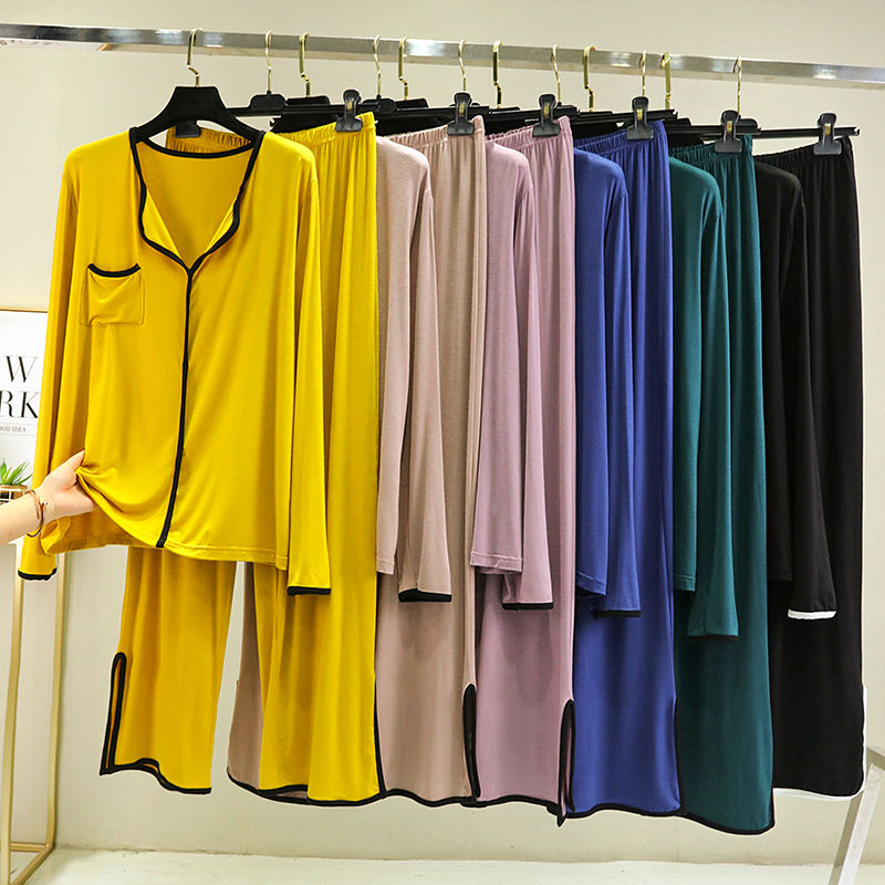 Long-sleeved Modal homewear suit for women, spring and summer loose, flesh-covering solid color casual pajamas that can be worn outside