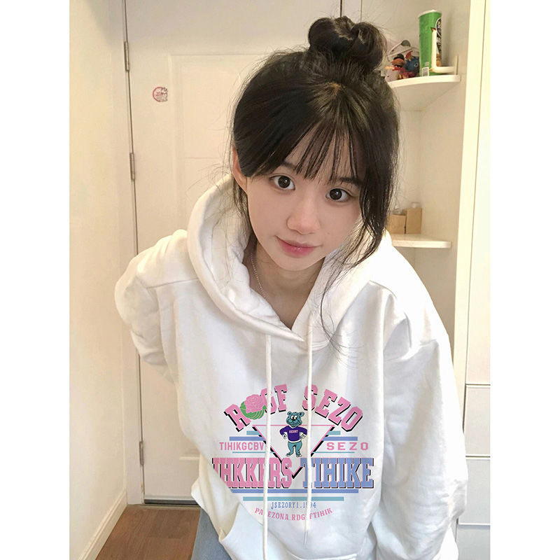 100%重磅純棉慵懶風連帽衛衣女寬鬆2023春秋薄款減齡溫柔鹽系外套