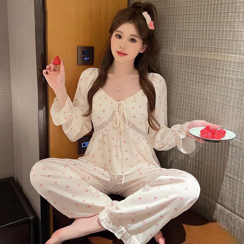 性感睡衣女春秋款冰絲長袖薄款網紅風花卉帶胸墊休閒家居服兩件套