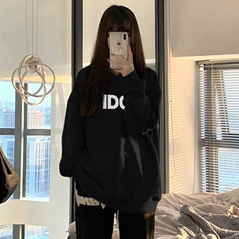 100%重磅純棉黑色連帽oversize潮牌衛衣女2023春秋薄款小個子外套