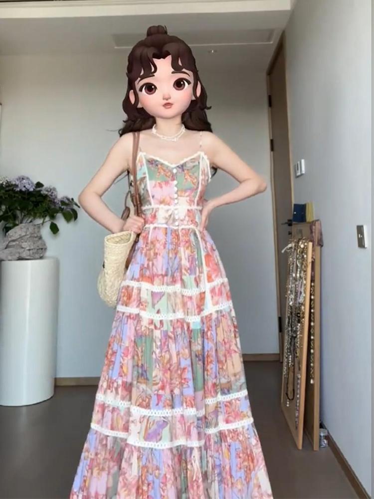 【品牌LALADUDU】胖mm法式度假風重工連衣裙仙女夏季收腰顯瘦長裙