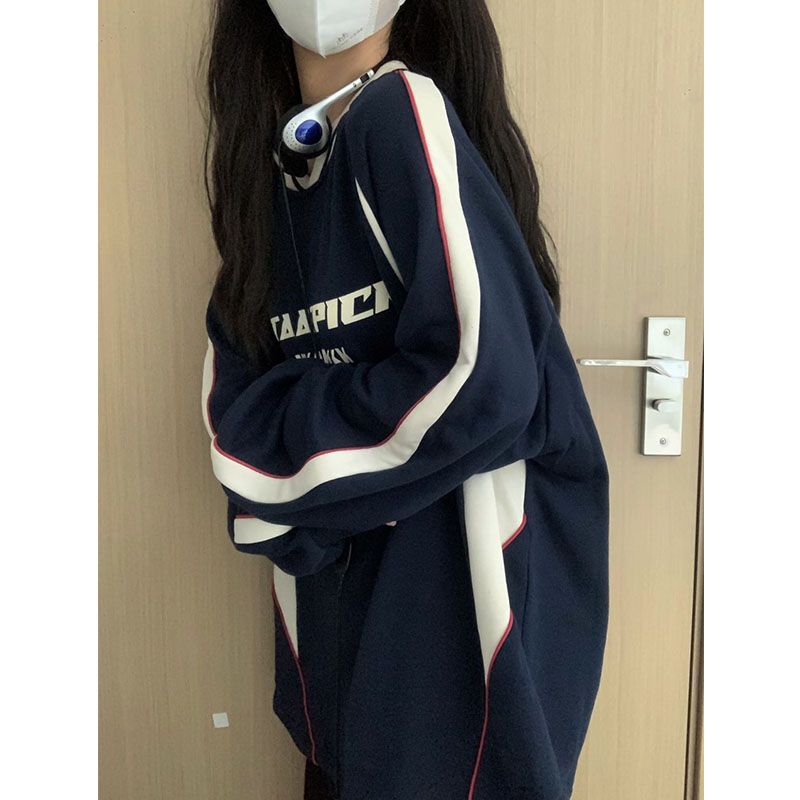 100%重磅純棉美式復古街頭撞色衛衣女2023春秋薄款寬鬆慵懶風上衣