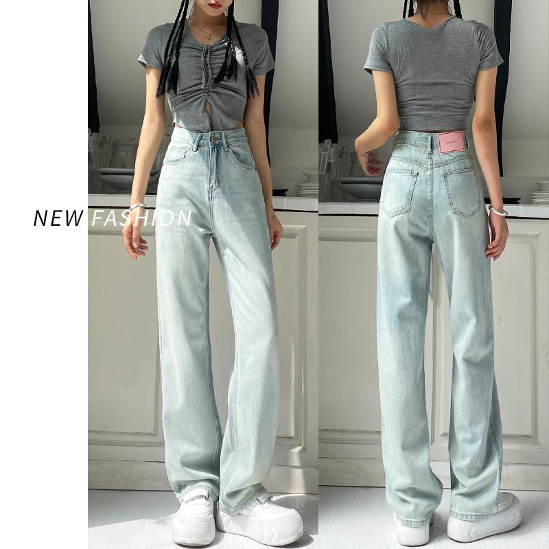 淺色直筒牛仔褲女夏季薄款2023年新款小個子垂感高腰窄版闊腿褲子