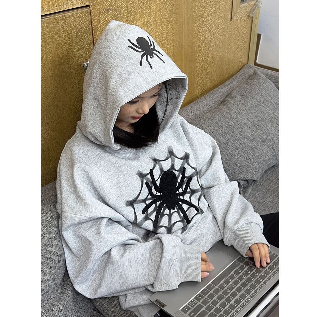 100%重磅純棉潮牌蜘蛛字母連帽衛衣女2023春秋薄款寬鬆原色風上衣