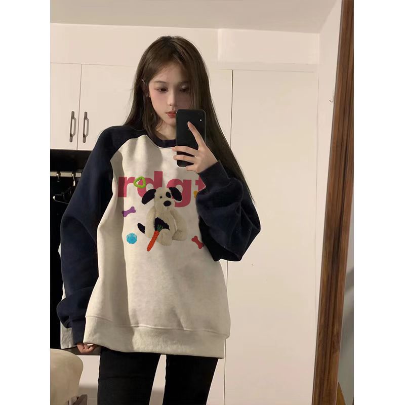 100%重磅純棉拼接撞色衛衣女2023春秋薄款寬鬆設計感小眾插肩上衣