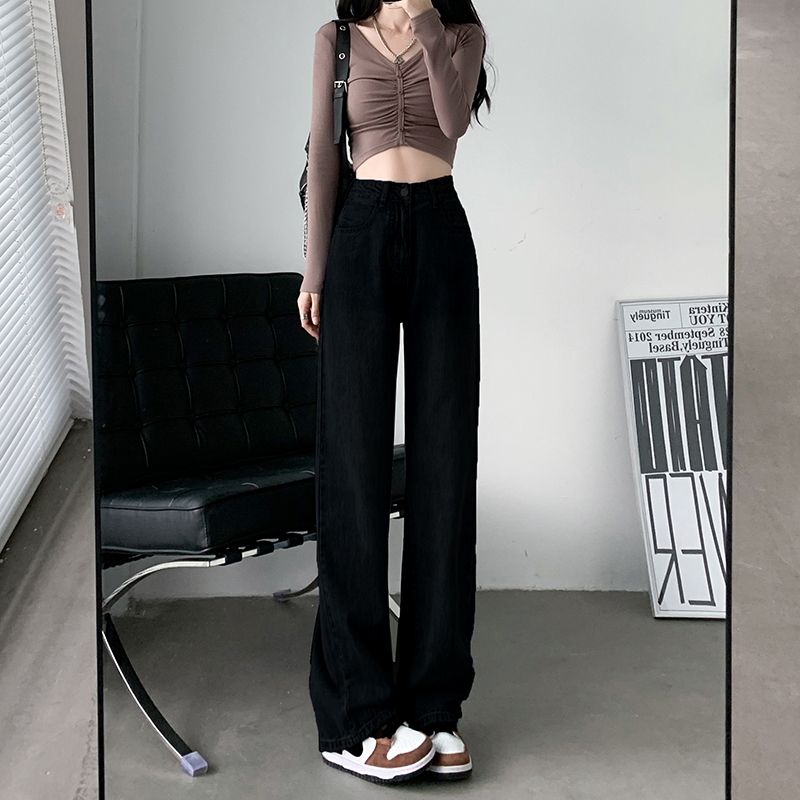 高腰闊腿牛仔褲女2023年夏季新款窄版直筒垂感小個子顯瘦黑色褲子