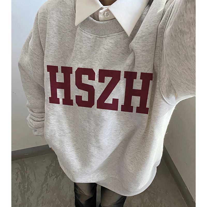 100%重磅純棉復古港風chic花灰色衛衣女2023春秋薄款寬鬆情侶上衣