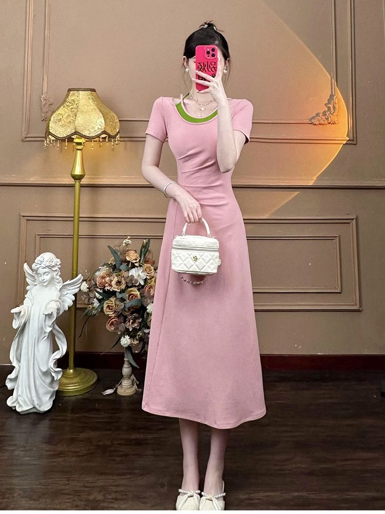 纤麦THIN MORE蜜桃粉连衣裙茶歇气质收腰显身材法式粉色裙子女夏