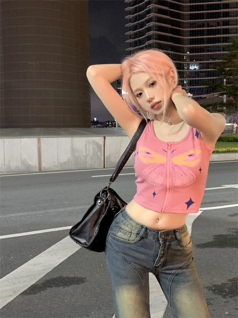 Fianmai THIN MORE pink butterfly print camisole women's summer sleeveless zipper hot girl short top