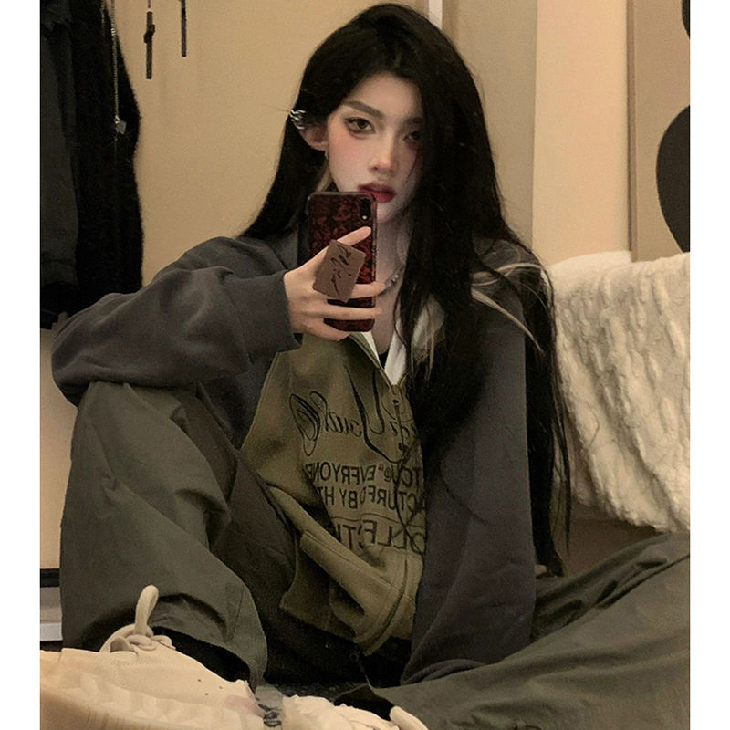 100%重磅純棉連帽美式衛衣開衫女寬鬆插肩袖2023春秋薄款撞色外套