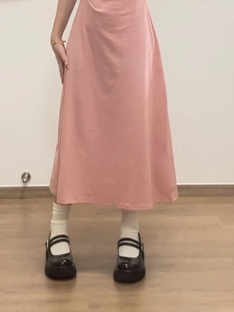纤麦THIN MORE粉色假两件挂脖短袖连衣裙女夏季款修身显瘦长裙子
