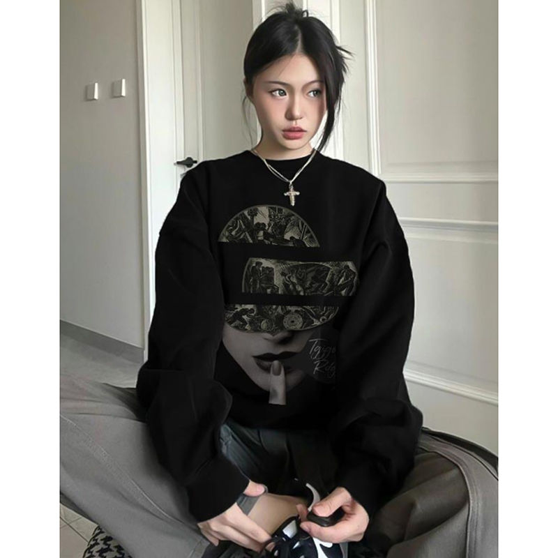 100%重磅純棉黑色美式復古長袖衛衣外套女2023春秋薄款chic上衣潮