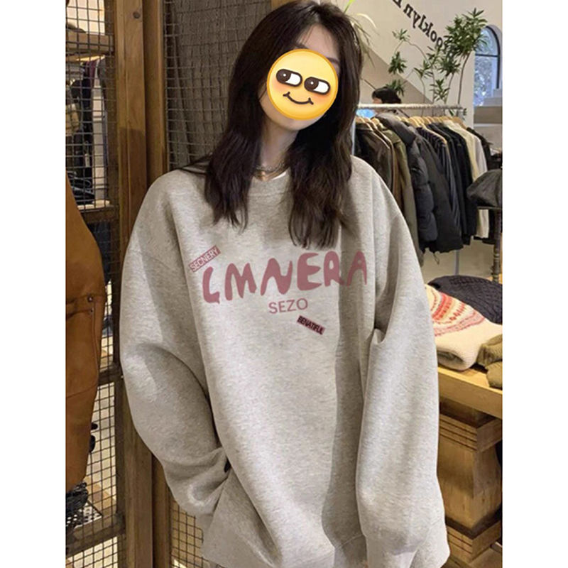 100%重磅純棉款美式復古字母印花衛衣女百搭寬鬆2023春秋薄款上衣