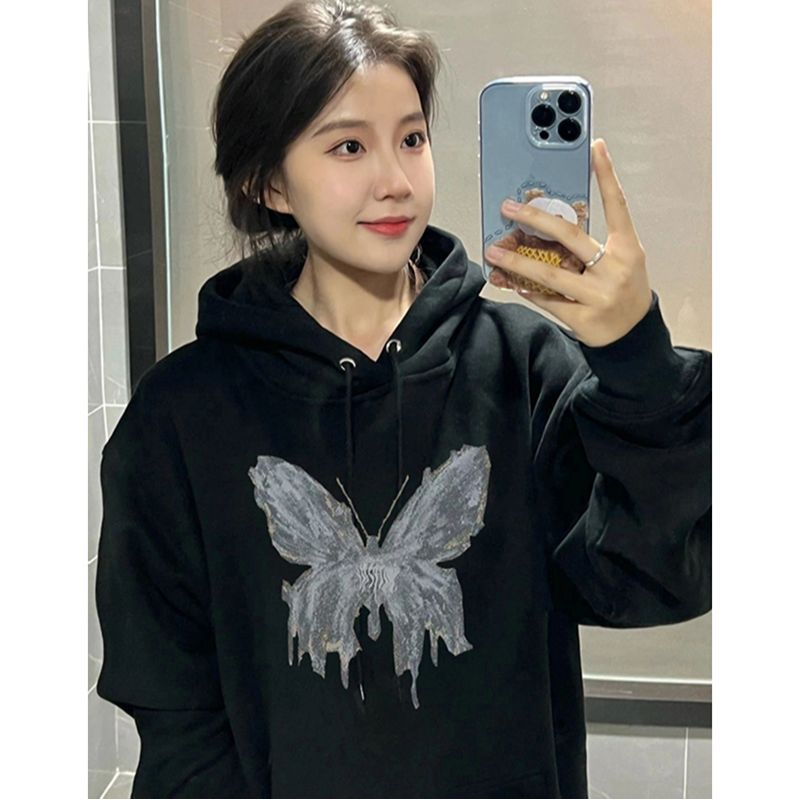 100%重磅純棉蝴蝶印花連帽衛衣女2023春秋薄款高級感寬鬆百搭上衣