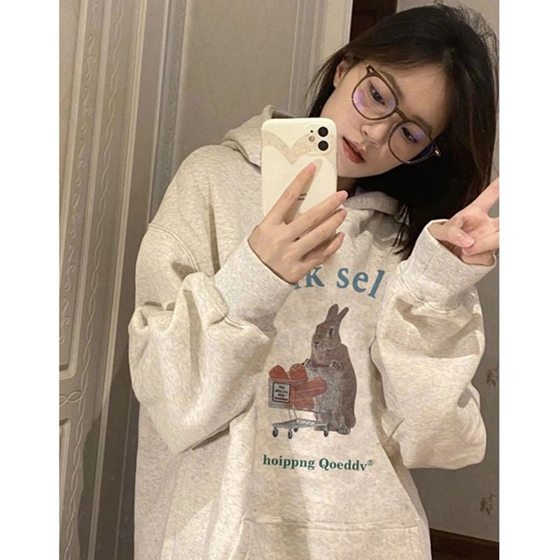 100%重磅純棉兔子印花連帽衛衣女慵懶風2023春秋薄款減齡寬鬆上衣