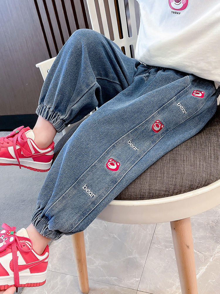 Girls Autumn Thin Jeans Children's Internet Celebrity Strawberry Bear Casual Spring and Autumn Trousers 2023 New Baby Girl