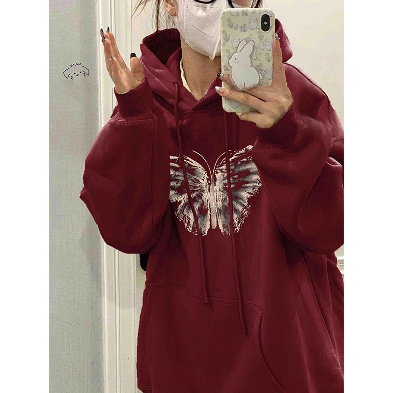 100%重磅純棉蝴蝶印花連帽衛衣女2023春秋薄款寬鬆長袖港味上衣潮