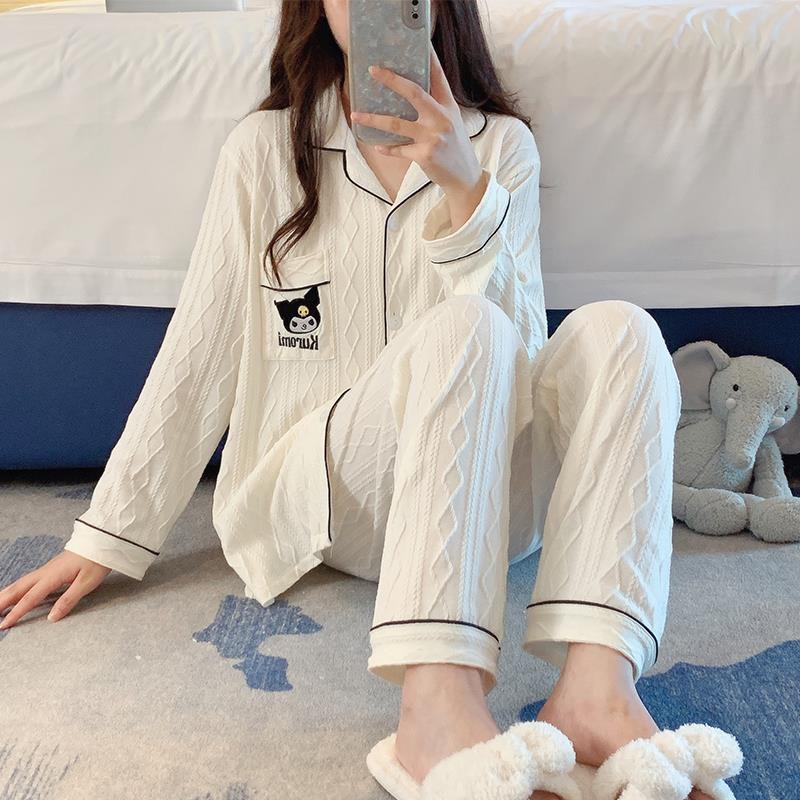 卡通ins長袖開衫睡衣少女春秋季純棉可愛庫洛米學生兩件套家居服