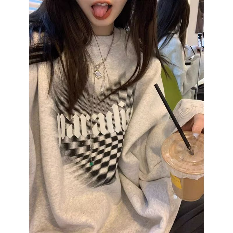 100%重磅純棉圓領棋盤格愛心衛衣女2023春秋薄款寬鬆慵懶風上衣潮