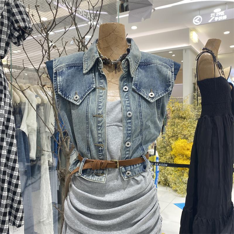 MUMU STYLE夏季新款復古水洗牛仔馬甲外套韓版單排扣短款坎肩上衣