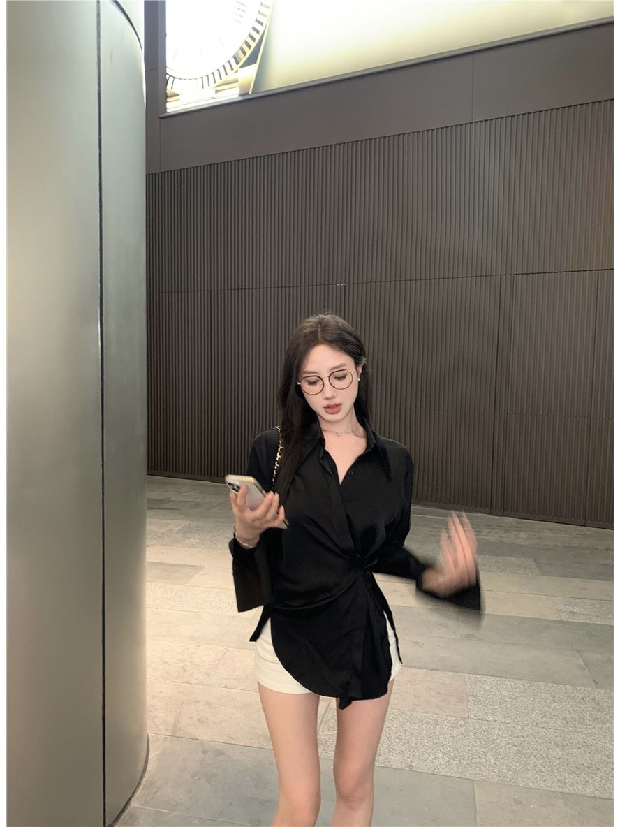 法式黑色長袖襯衫女裝夏季薄款設計感襯衣寬鬆中長款防曬開衫上衣