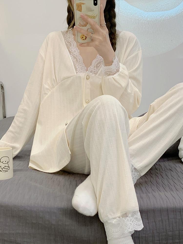 法式睡衣女春秋款長袖長褲兩件套裝2023新款甜美蕾絲邊開衫家居服