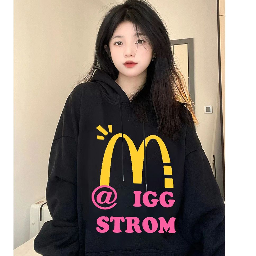 100%重磅純棉黑色連帽衛衣女2023春秋薄款潮牌bf寬鬆小眾外套上衣