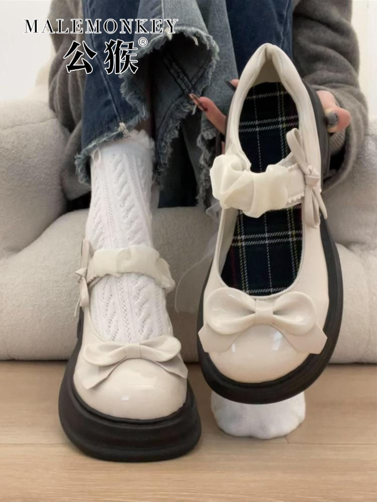 公猴原創女鞋2023時尚百搭蝴蝶結小皮鞋厚底瑪麗珍鞋配裙子單鞋