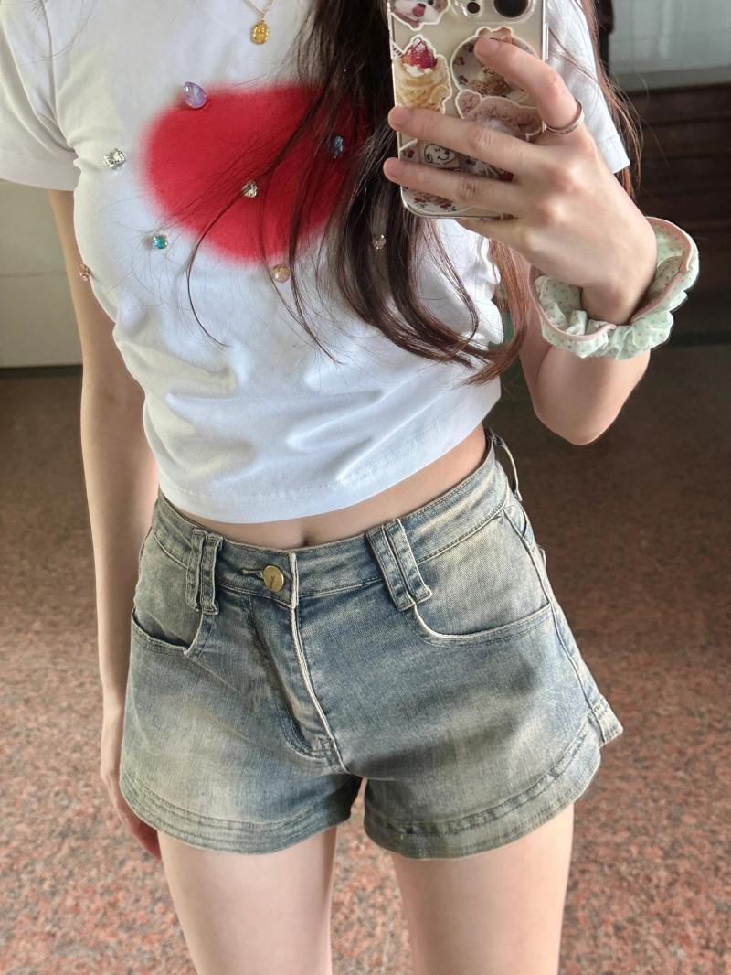 美式高街牛仔短褲女夏季設計感小眾高腰顯瘦辣妹做舊復古A字熱褲