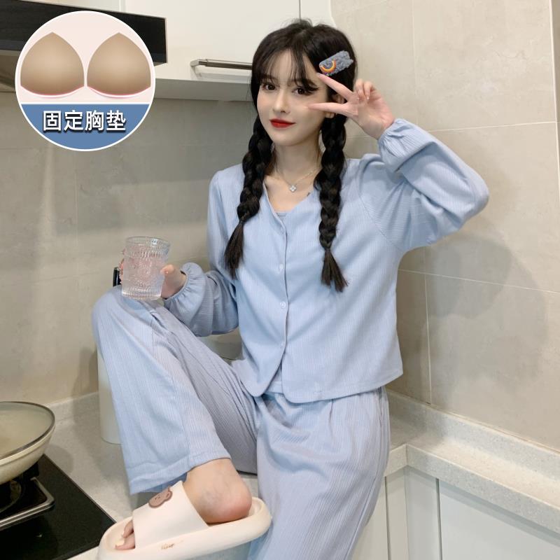 2023年新款睡衣女長袖棉質韓版甜美可愛小個子夏天三件套裝家居服