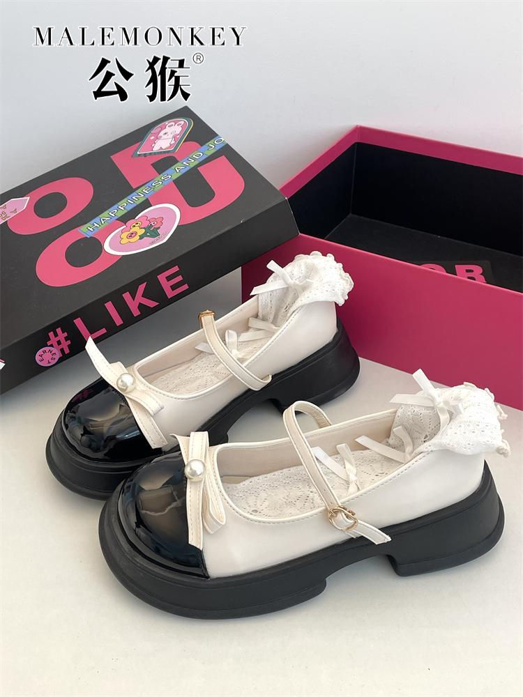 公猴法式復古時尚瑪麗珍小皮鞋女2023夏季蝴蝶結配裙子jk制服單鞋