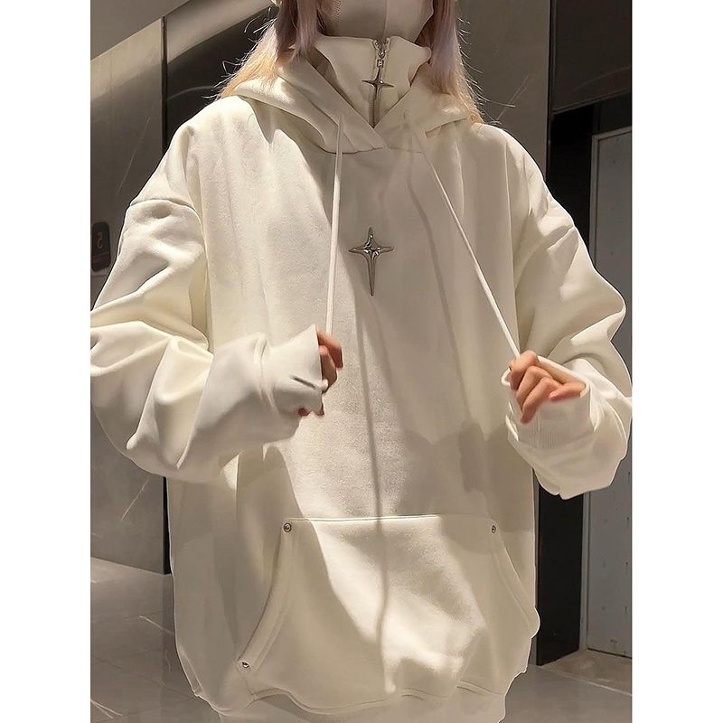 100%重磅純棉設計感慵懶星星金屬連帽衛衣女2023春秋薄款寬鬆外套