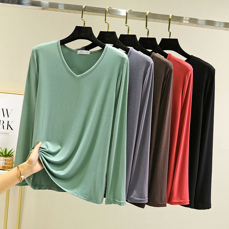 Modal long-sleeved women's summer loose large size V-neck bottoming shirt 2021 new versatile casual solid color