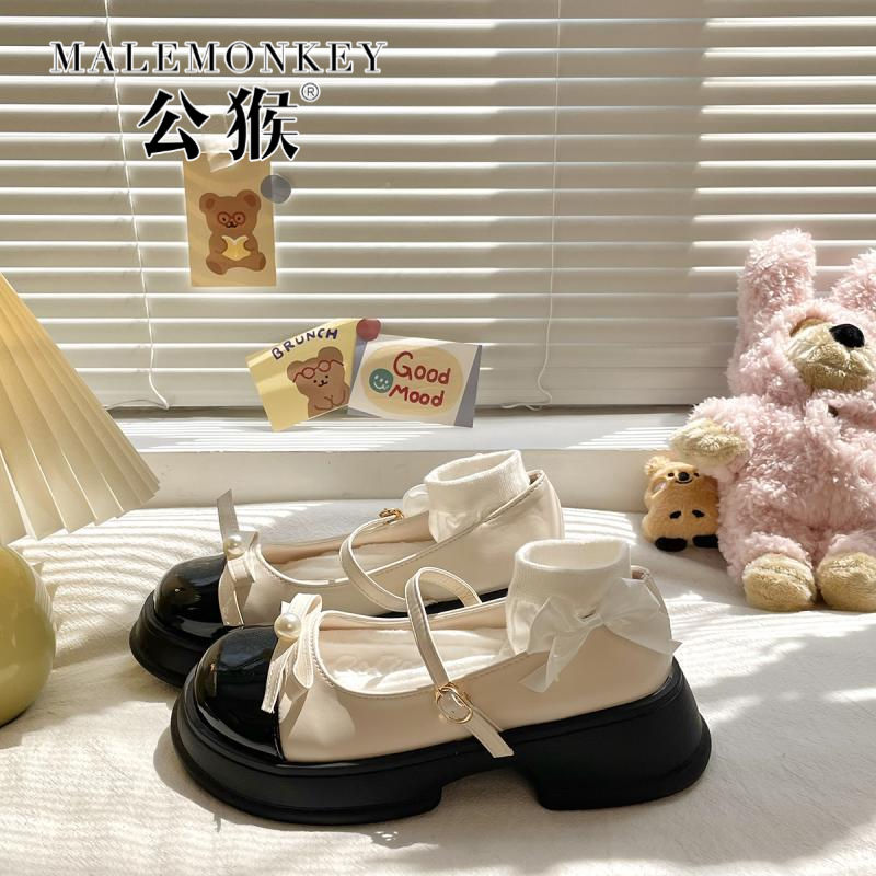 公猴法式復古瑪麗珍小皮鞋女2023新款夏季淺口蝴蝶結配裙子jk單鞋
