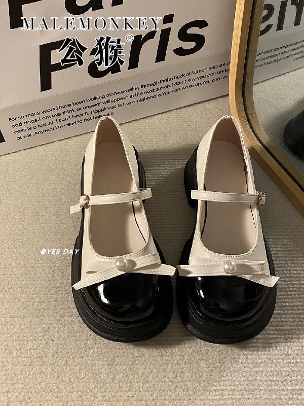 公猴日系jk圓頭瑪麗珍鞋2023夏季新款復古法式淺口拼色小皮鞋女