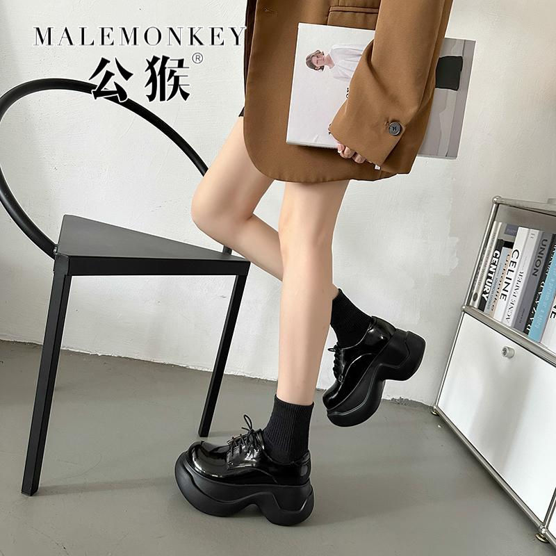 公猴英倫風增高厚底松糕小皮鞋女2023新款春秋季坡跟系帶百搭單鞋