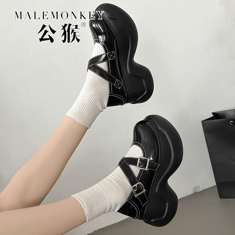 公猴厚底松糕鞋小個子增高百搭交叉帶配裙子單鞋日系jk小皮鞋女