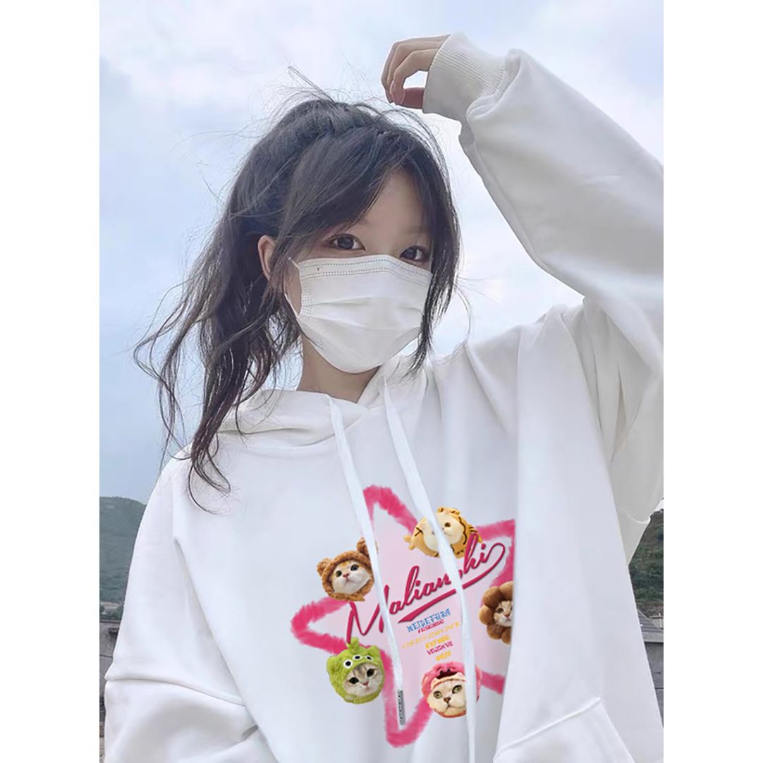 100%重磅純棉印花連帽衛衣女2023春秋薄款設計感小眾寬鬆長袖上衣