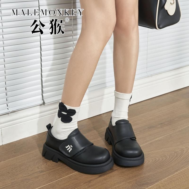 公猴瑪速主義單鞋女2023年秋季新款厚底圓頭樂福鞋百搭黑色小皮鞋