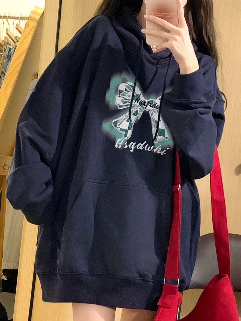 100%重磅純棉慵懶風ins潮牌衛衣女韓版2023春秋薄款寬鬆連帽上衣