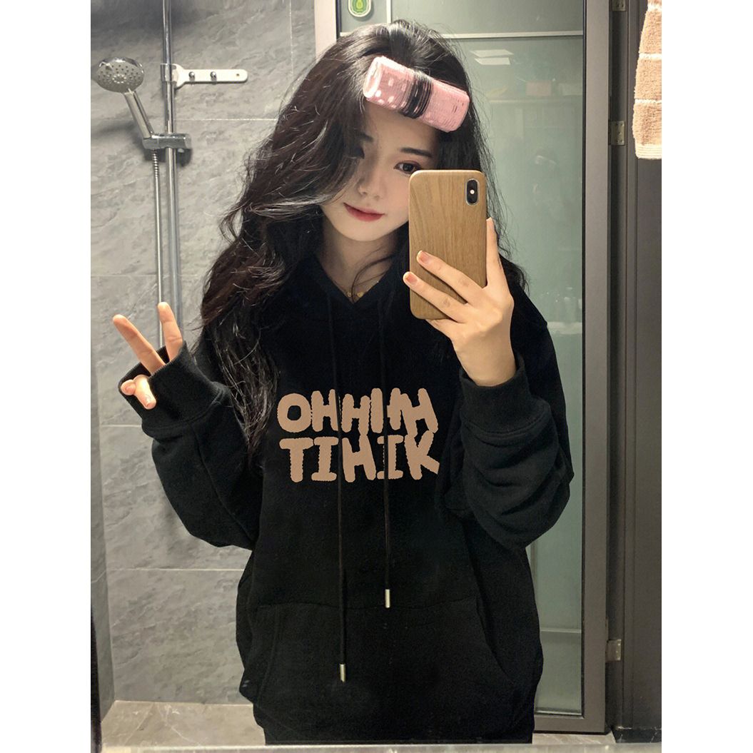 100%重磅純棉連帽衛衣女2023春秋薄款衣情侶慵懶風ins潮運動外套