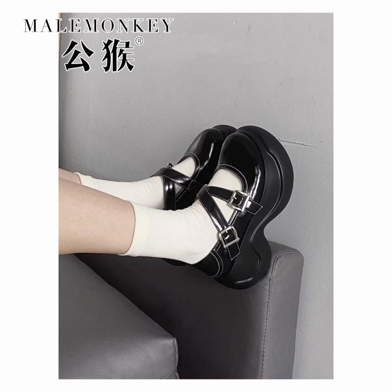 公猴厚底瑪麗珍鞋女粗跟增高2023新款春夏新款交叉帶單鞋jk小皮鞋