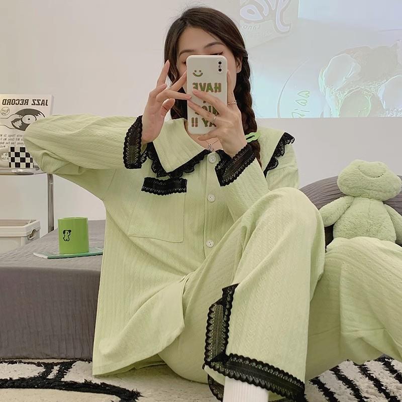 新款睡衣女春秋季甜美蕾絲邊高級感長袖寬鬆加大家居服套裝可外穿