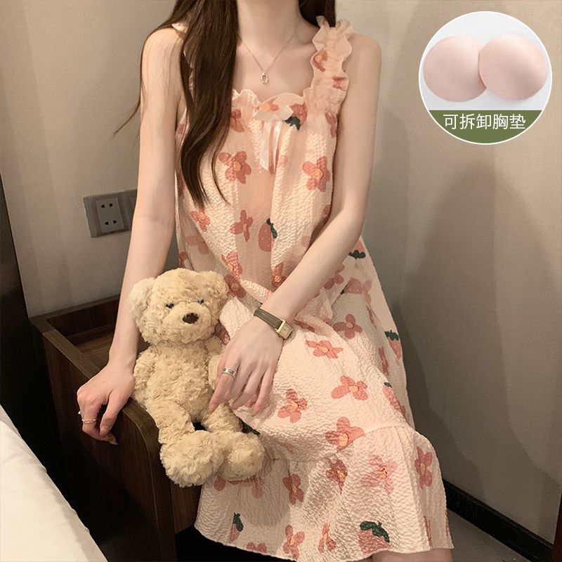 睡衣  4019#帶胸墊可拆泡泡棉夏季新款睡裙吊帶印花公主風家居服