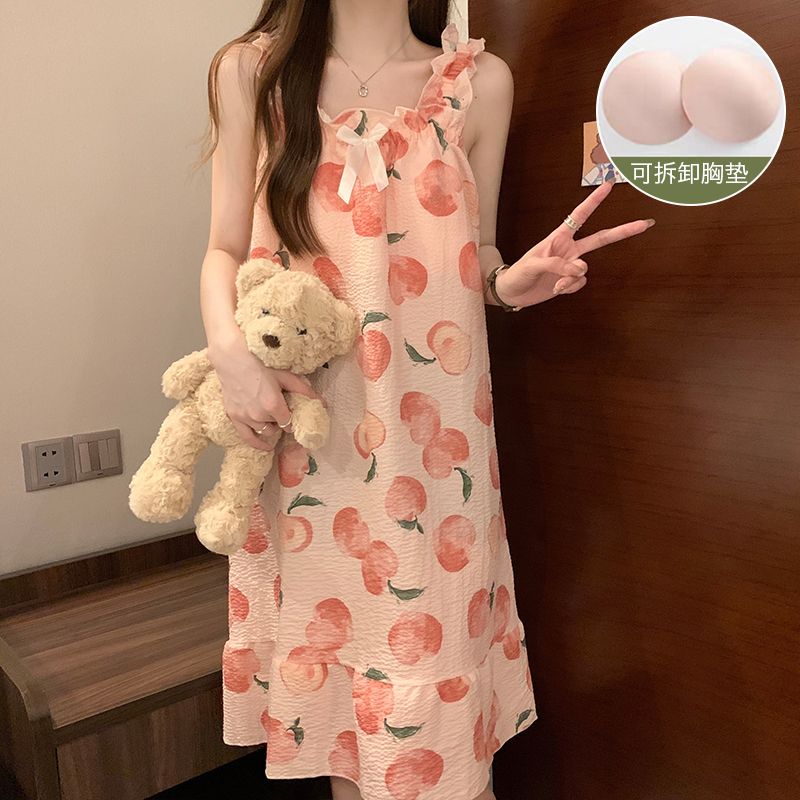 睡衣 4018#帶胸墊可拆泡泡棉夏季新款睡裙吊帶印花公主風家居服