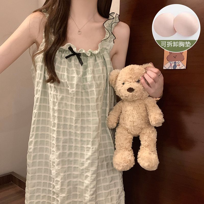 格子睡衣夏季新款少女吊帶睡裙帶棉碗可拆泡泡皺布甜美家居服