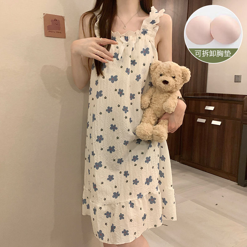 睡衣 4017#帶胸墊可拆泡泡棉夏季新款睡裙吊帶印花公主風家居服