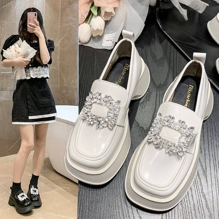 British style small leather shoes thick-soled loafers for women rhinestone square buckle single shoes 2023 new fashion versatile lazy shoes for women